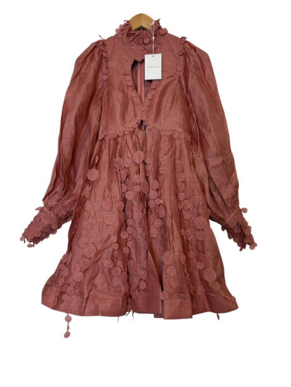 Zimmermann 0 Concert Disc Pink Cutout Mini Dress Puff Sleeve Linen Silk Appliqué - Picture 8 of 15
